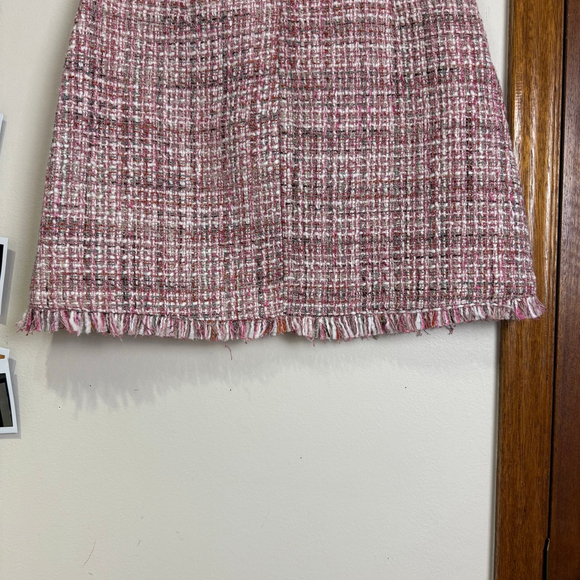ROSE UNIVERSE Skirt Women Size Large Pink Tweed Woven Fringe Trim Faux Pearl - Picture 7 of 11